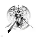 a black and white drawing of an angel holding a sword, spartan, mythology artwork, archangel michael, pantheon, spartan  tattoo design idea
