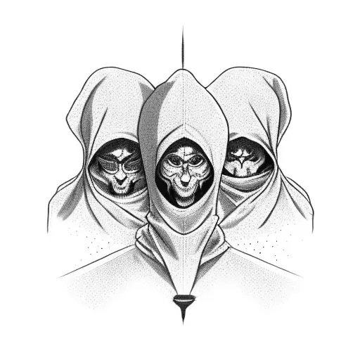 Three hooded figures, each facing a different direction. Only the heads should be visible, the rest blurred tattoo design idea