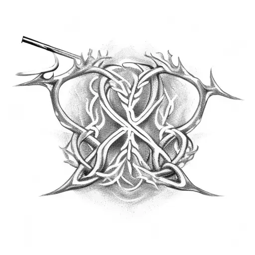 An intricate dotwork tattoo of a fishing hook intertwined with deer antlers, forming the shape of a Christian cross tattoo design idea