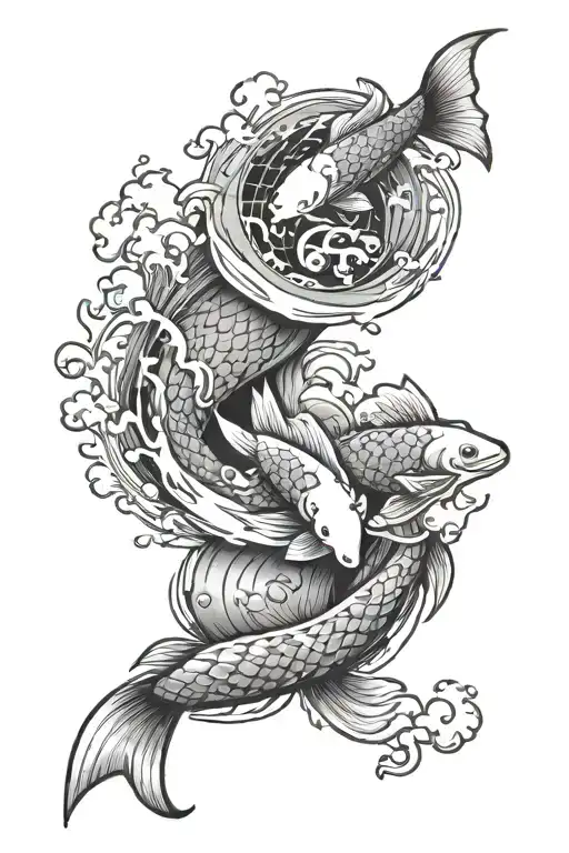 A gamer-themed sleeve tattoo featuring pixelated swimming scenes intertwined with Japanese motifs like koi fish and kanji characters tattoo design idea