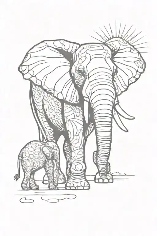 kenya outline and elephant with a sun outline and lines tattoo design idea