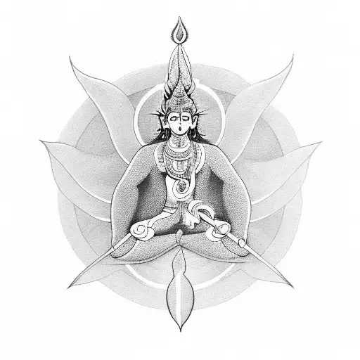 A blackwork design combining Lord Shiva's trident and Parvati's lotus tattoo design idea