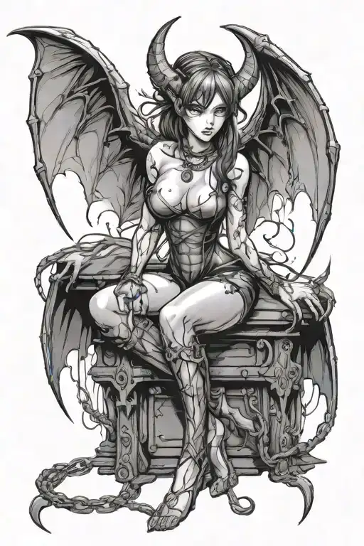 sexy anime Succubus On her knees chained down Hands behind your back wearing little clothing  full body With  bat wings  tattoo design idea