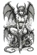 sexy anime Succubus On her knees chained down Hands behind your back wearing little clothing  full body With  bat wings  tattoo design idea