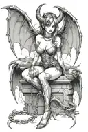 sexy anime Succubus On her knees chained down Hands behind your back wearing little clothing  full body With  bat wings  tattoo design idea