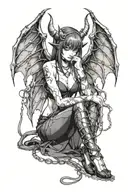 sexy anime Succubus On her knees chained down Hands behind your back wearing little clothing  full body With  bat wings  tattoo design idea
