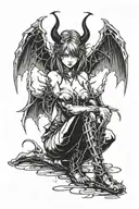sexy anime Succubus On her knees chained down Hands behind your back wearing little clothing  full body With  bat wings  tattoo design idea