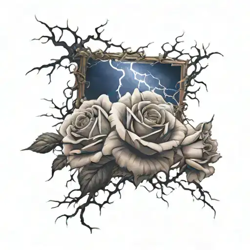 A thunderstorm with lightning striking a rose garden, symbolizing resilience tattoo design idea