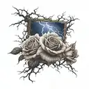 A thunderstorm with lightning striking a rose garden, symbolizing resilience tattoo design idea