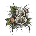 A thunderstorm with lightning striking a rose garden, symbolizing resilience tattoo design idea
