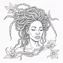 Dreadlocks woman flow botanical body line work  tattoo design idea