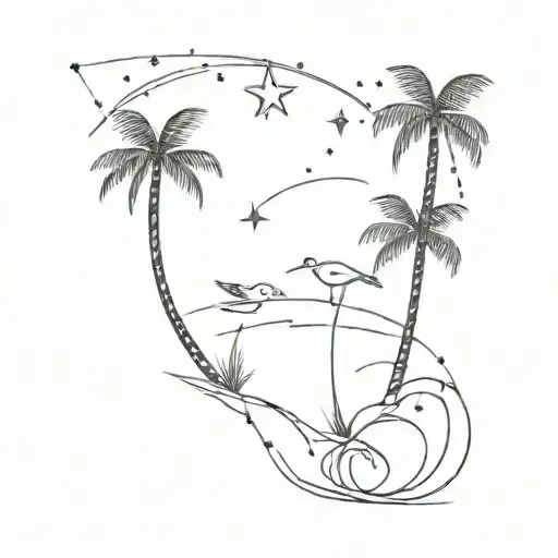 constellation of twins consisting of stars turning into small birds on the shore with palm trees tattoo design idea