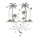 constellation of twins consisting of stars turning into small birds on the shore with palm trees tattoo design idea