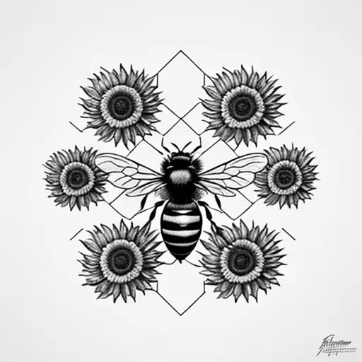 honey bee on honeycomb  with 4 sunflowers encircling it. Additional foliage around it.  tattoo design idea
