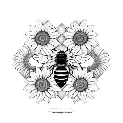 top view of honeybee on several honeycomb with four sunflowers (2 at upper left, 2 at lower right tattoo design idea
