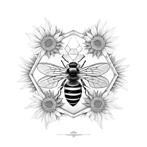 top view of honeybee on several honeycomb with four sunflowers (2 at upper left, 2 at lower right tattoo design idea