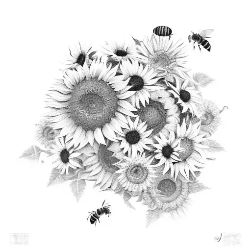 Honey Bee surrounded by four sunflowers with honeycomb in background tattoo design idea