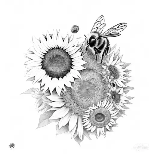 Honey Bee surrounded by four sunflowers with honeycomb in background tattoo design idea