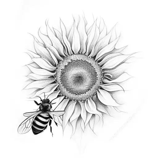 four bees on and around a single sunflower tattoo design idea