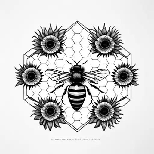 honey bee on honeycomb  with 4 sunflowers encircling it. Additional foliage around it.  tattoo design idea