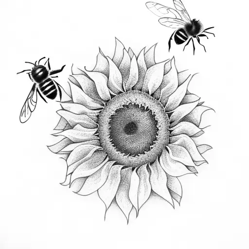 Four sunflowers with honey bee tattoo design idea