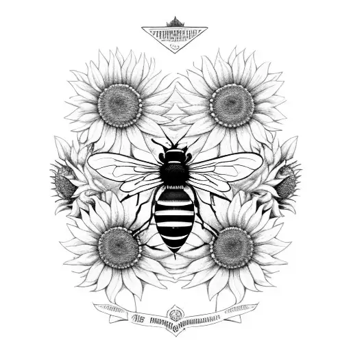top view of honeybee on several honeycomb with four sunflowers (2 at upper left, 2 at lower right tattoo design idea