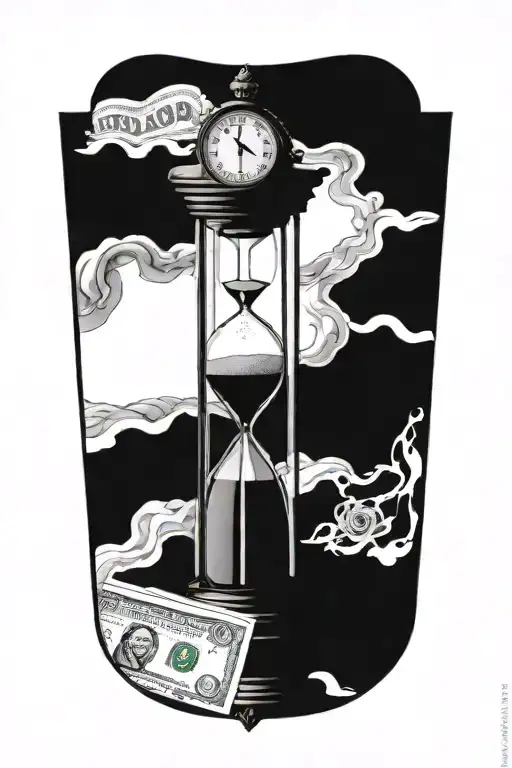 realism tattoo of an hour glass, top chamber with a clock and bottom chamber with money and dollar signs. make the frame tattoo design idea