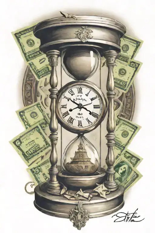 realism tattoo of an hour glass, top chamber with a clock and bottom chamber with money and dollar signs tattoo design idea
