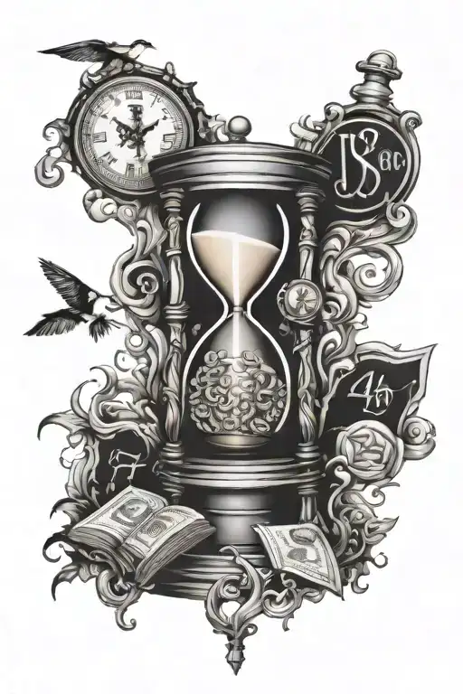 hour glass with broken clock that reads 420 in the top chamber and money and dollar signs i  the bottom tattoo design idea