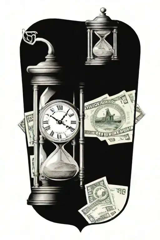 realism tattoo of an hour glass, top chamber with a clock and bottom chamber with money and dollar signs tattoo design idea