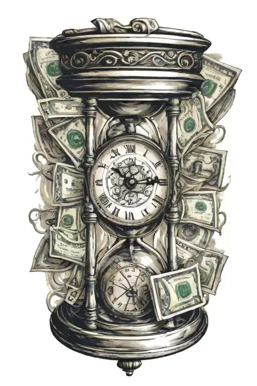 realism tattoo of an hour glass, top chamber with a clock and bottom chamber with money and dollar signs tattoo design idea