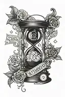 hour glass with broken clock that reads 420 in the top chamber and money and dollar signs i  the bottom tattoo design idea