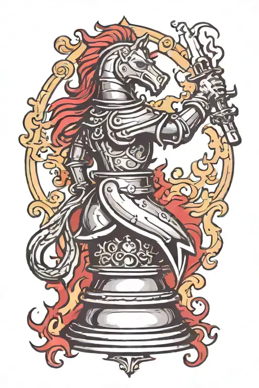 Knight chess piece red, smoke and flames in back ground tattoo design idea