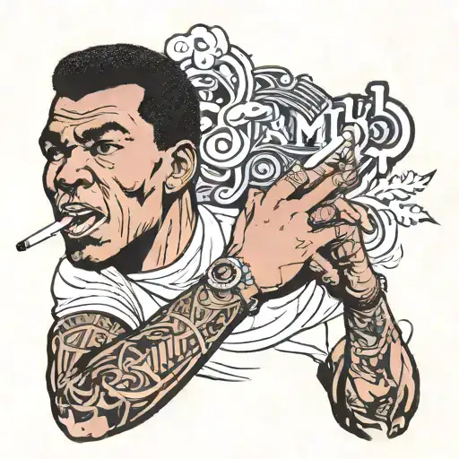 Malcom xx smoking a cigarette with the smoking coming up someone's arm a sleeve tattoo with Muhammad ali in the back  tattoo design idea