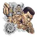 Malcom xx smoking a cigarette with the smoking coming up someone's arm a sleeve tattoo with Muhammad ali in the back  tattoo design idea