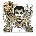 Malcom xx smoking a cigarette with the smoking coming up someone's arm a sleeve tattoo with Muhammad ali in the back  tattoo design idea