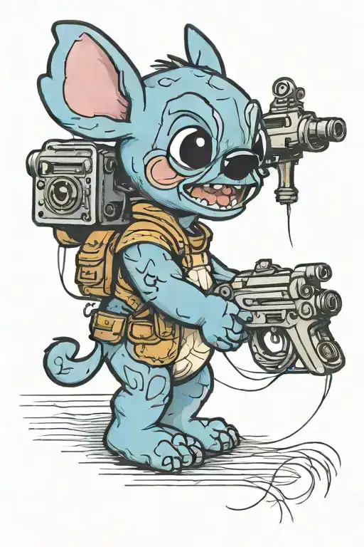 Stitch Holding a blaster and teddy bear tattoo design idea