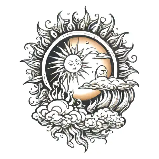 sun behind the clouds fire rain tattoo design idea