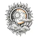 sun behind the clouds fire rain tattoo design idea