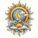 sun behind the clouds fire rain tattoo design idea