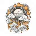 sun behind the clouds fire rain tattoo design idea