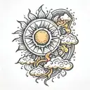 sun behind the clouds fire rain tattoo design idea