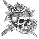A crying skull with a sword in its head holding a rose in its mouth  tattoo design idea