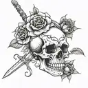 A crying skull with a sword in its head holding a rose in its mouth  tattoo design idea