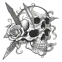 A crying skull with a sword in its head holding a rose in its mouth  tattoo design idea