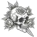 A crying skull with a sword in its head holding a rose in its mouth  tattoo design idea