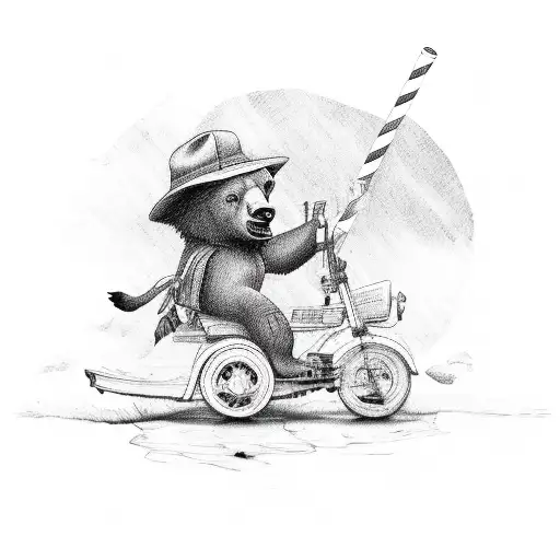 boy riding a brown bear with a straw hat tattoo design idea