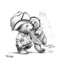 boy riding a brown bear with a straw hat tattoo design idea