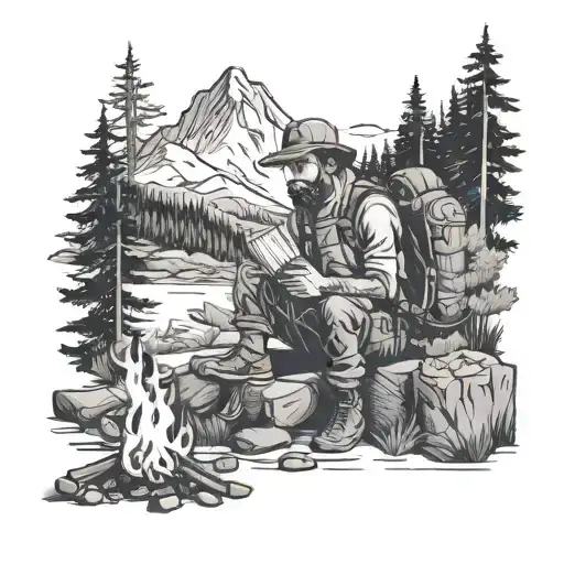 A backpacker sitting by a campfire in the woods with a book in hand and a mountain landscape in the background tattoo design idea
