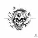 A mysterious book with a skull on the cover, open to a page with the phrase 'memento mori' written in elegant calligraphy. tattoo design idea